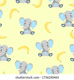 Seamless pattern with baby elephants and yellow bananas. Gray and light blue. Yellow background. Cartoon style. Funny and cute. African animal. For postcards, wallpaper, textile and wrapping paper