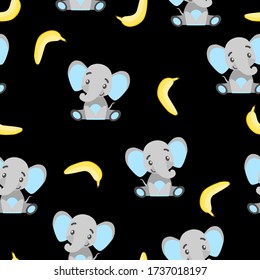 Seamless pattern with baby elephants and yellow bananas. Gray and blue. Black background. Flat cartoon style. Funny and cute. African animal. For postcards, wallpaper, textile and wrapping paper