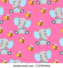 Seamless pattern with baby elephants and yellow bees. Gray and light blue. Pink background. Flat cartoon style. Funny and cute. African animal. For postcards, wallpaper, textile and wrapping paper