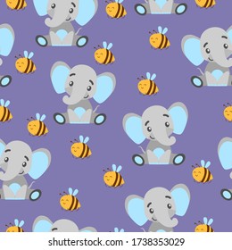 Seamless pattern with baby elephants and yellow bees. Gray and light blue. Violet background. Flat cartoon style. Funny and cute. African animal. For postcards, wallpaper, textile and wrapping paper