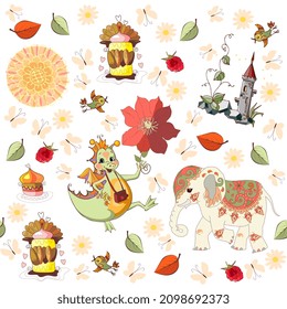 Patrón sin foco para la tela de bebé con tierno elefante de dibujos animados, dino, pájaros, mariposas, castillo de hadas, pasteles, bayas y flores aisladas sobre fondo blanco. Ropa de cama, papel pintado, cortina. Vector.