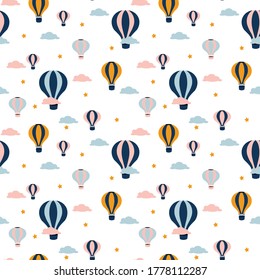 
Seamless pattern for baby fabrics. A pattern of balloons, stars and clouds. Cute childish sky illustration. Heavenly transport. Flight in the sky, childhood dreams. Collection of children's fabrics, 