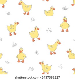 Seamless pattern for baby fabrics with cute goslings. Yellow goslings on a white background. Pattern for newborns. Flat vector illustration