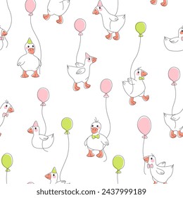 Seamless pattern for baby fabrics with cute goslings and balloons. The goslings go to the party with balloon, caps and a butterfly. Pattern for newborns. Flat vector illustration