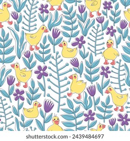 Seamless pattern for baby fabrics with cute goslings and beautiful flowers. Yellow goslings on a field of flowers. Pattern for newborns. Flat vector illustration