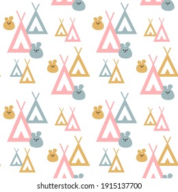 Seamless pattern for baby fabrics, packaging, wallpapers, backgrounds. Bright wigwam pattern. Tribal indian wigwam pattern. Doodle childish minimalist background