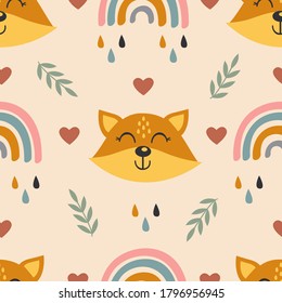 seamless pattern with baby face fox and rainbow
-  vector illustration, eps