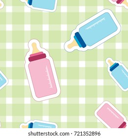Seamless pattern of Baby feeding bottle for newborn. Vector illustration with Embroidery stylization. Pattern for cushion, pillow, bandanna, kerchief, fabric print. Texture for clothes, bedclothes