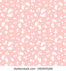 Seamless pattern with baby feet and dots. Funny cute endless background vector illustration
