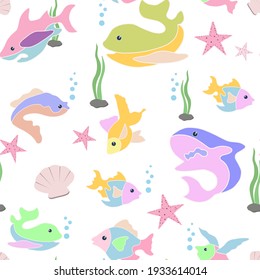 Seamless pattern with baby fish. A repeating pattern with marine life. Underwater world, background for children. Vector.