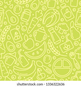 Seamless pattern with baby food elements. Linear style vector illustration. Suitable for wallpaper, wrapping or textile