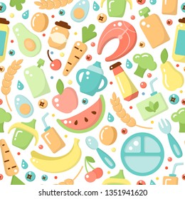 Seamless pattern with baby food elements. Flat style vector illustration