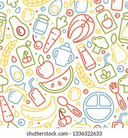 Seamless pattern with baby food items. Linear style vector illustration. Suitable for wallpaper, wrapping or textile