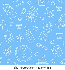 Seamless pattern baby food, pastel color, vector illustration. Infant feeding thin line icons. Cute repeated blue texture for packaging, fabric. Birthday invitation design
