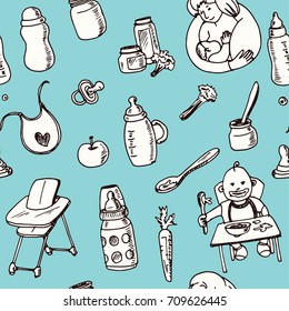 Seamless pattern with Baby Food. Vector isolated Illustration on white background 