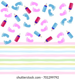 Seamless pattern with baby footprint and bottles. Footprints of children to white colored striped background