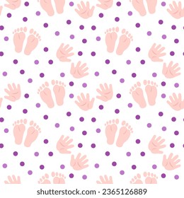 Seamless pattern with baby footprints, handprints and circles. Flat color vector illustration.