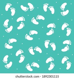 Seamless pattern with baby footprints isolated on turquoise background. Vector illustration.