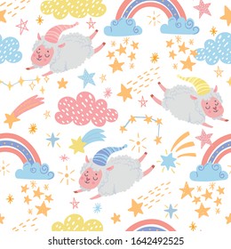 Seamless pattern with baby funny sheeps. Background with rainbow, stars, cute elements. Good night and sweet dreams. Kids wallpaper. Vector cartoon illustration