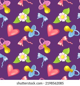 Seamless pattern for baby girl and boy birthday with pink and blue pacifier, heart, flowers, vector illustration, eps10