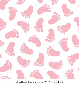 Seamless pattern with baby girl footprints, perfect for baby shower or birthday party. Repeating background with pastel pink newborn feet. Vector illustration.