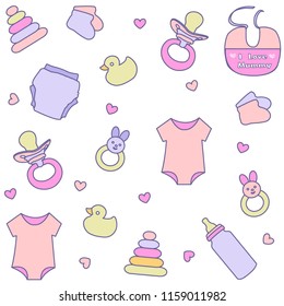 Seamless pattern with baby girl items. Newborn clothes and accessories