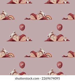 Seamless pattern with baby girl sleeping in hat with ears. Newborn, Childbirth, Baby care, babyhood, childhood, infancy concept. Vector illustration.