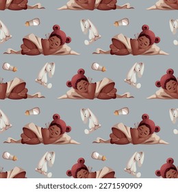 Seamless pattern with baby girl sleeping in hat with ears. Newborn, Childbirth, Baby care, babyhood, childhood, infancy concept. Vector illustration.