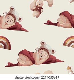 Seamless pattern with Baby girl sleeping in hat with ears. Newborn, Childbirth, Baby care, babyhood, childhood, infancy concept. Vector illustration.