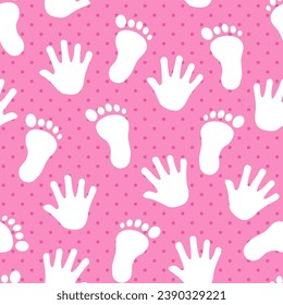Seamless pattern of baby girl's feet and hands, this seamless pattern is suitable for giftwrap designs, backgrounds, textiles, fabrics and others