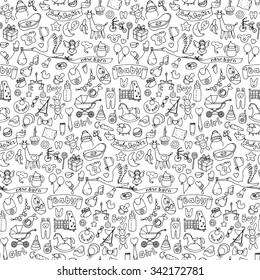 Seamless pattern with baby hand drawn doodle elements. Vector illustration for backgrounds, wrapping, wallpaper and textile prints 