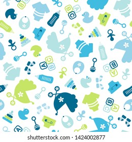 Seamless Pattern Baby Icons Boy Filled Blue And Green