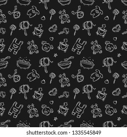 seamless pattern of baby icons with doodle style on black background