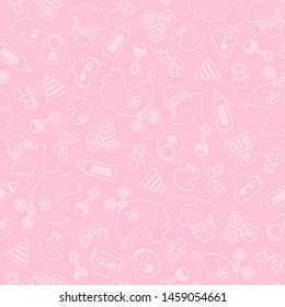 Seamless Pattern Baby Icons Girl Outline Pink And White