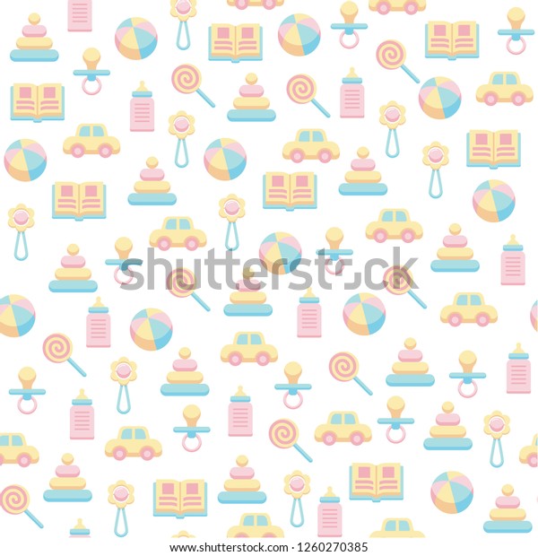 Seamless Pattern Baby Icons Soft Pastel Stock Vector