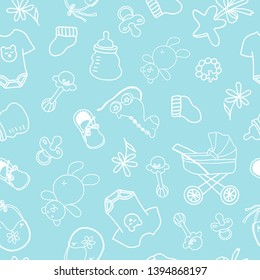 Seamless pattern with baby items. For printing on paper, fabric, baby shower cards. Baby icons set. Pastel blue background - Vector