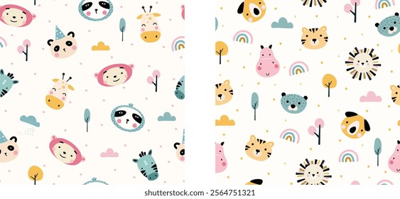 seamless pattern with baby jungle animals face on white background - vector illustration, set of two kids seamless pattern