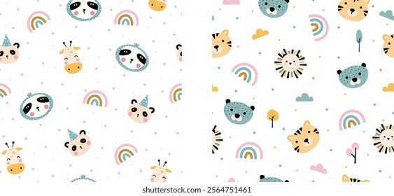 seamless pattern with baby jungle animals face on white background vector illustration, set of two kids seamless pattern