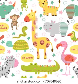 Seamless Pattern With Baby Jungle Animals On White Background  - Vector Illustration, Eps