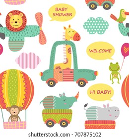 seamless pattern with baby jungle animals in transport  - vector illustration, eps