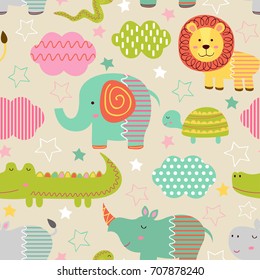 Seamless Pattern With Baby Jungle Animals  - Vector Illustration, Eps
