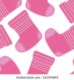 Seamless pattern with baby knitted socks on white background. Arrival background.