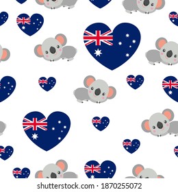 Nahtloses Muster. Baby koala lügt und lächelt. Cartoon-Stil. Es ist lustig und süß. Australische Flagge. Rote, blaue Herzen. Weißer Hintergrund. Postkarten, Textilien, Packpapier. Frohe Australientag