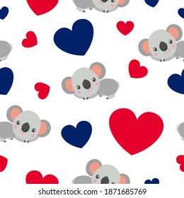Seamless pattern. Baby koala lying and smiling. Cartoon style. Funny and cute. Australian flag. Red, blue hearts. White background. Post cards, textile, wrapping paper. Happy Australia Day