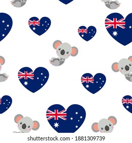 Seamless pattern. Baby koala lying and smiling. Cartoon style. Funny and cute. Australian flag. Red, blue hearts. White background. Post cards, textile, wrapping paper. Happy Australia Day