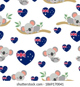 Seamless pattern. Baby koala sleeping on eucalyptus tree. Cartoon style. Funny and cute. Australian flag. Red, blue hearts. White background. Post cards, textile, wrapping paper. Happy Australia Day