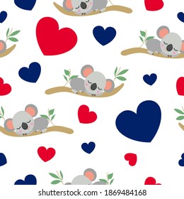 Seamless pattern. Baby koala sleeping on eucalyptus tree. Cartoon style. Funny and cute. Australian flag. Red, blue hearts. White background. Post cards, textile, wrapping paper. Happy Australia Day