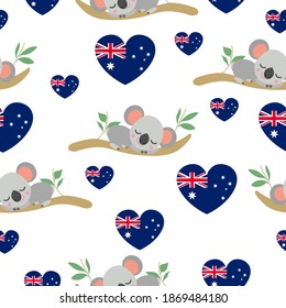 Patrón sin foco. Bebé koala durmiendo en un árbol de eucalipto. Estilo de caricatura. Divertido y lindo. Bandera australiana. Rojo, corazones azules. Fondo blanco. Postales, textil, papel envolvente. Feliz Día de Australia