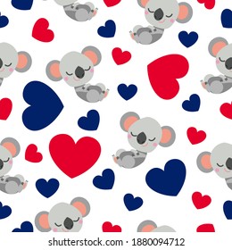 Seamless pattern. Baby koala sleeping and smiling. Cartoon style. Funny and cute. Australian flag. Red, blue hearts. White background. Post cards, textile, wrapping paper. Happy Australia Day