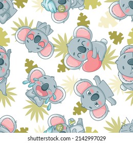 Seamless pattern baby koalas with different emotions and poses. Vector illustration for designs, prints and patterns. Isolated on white background